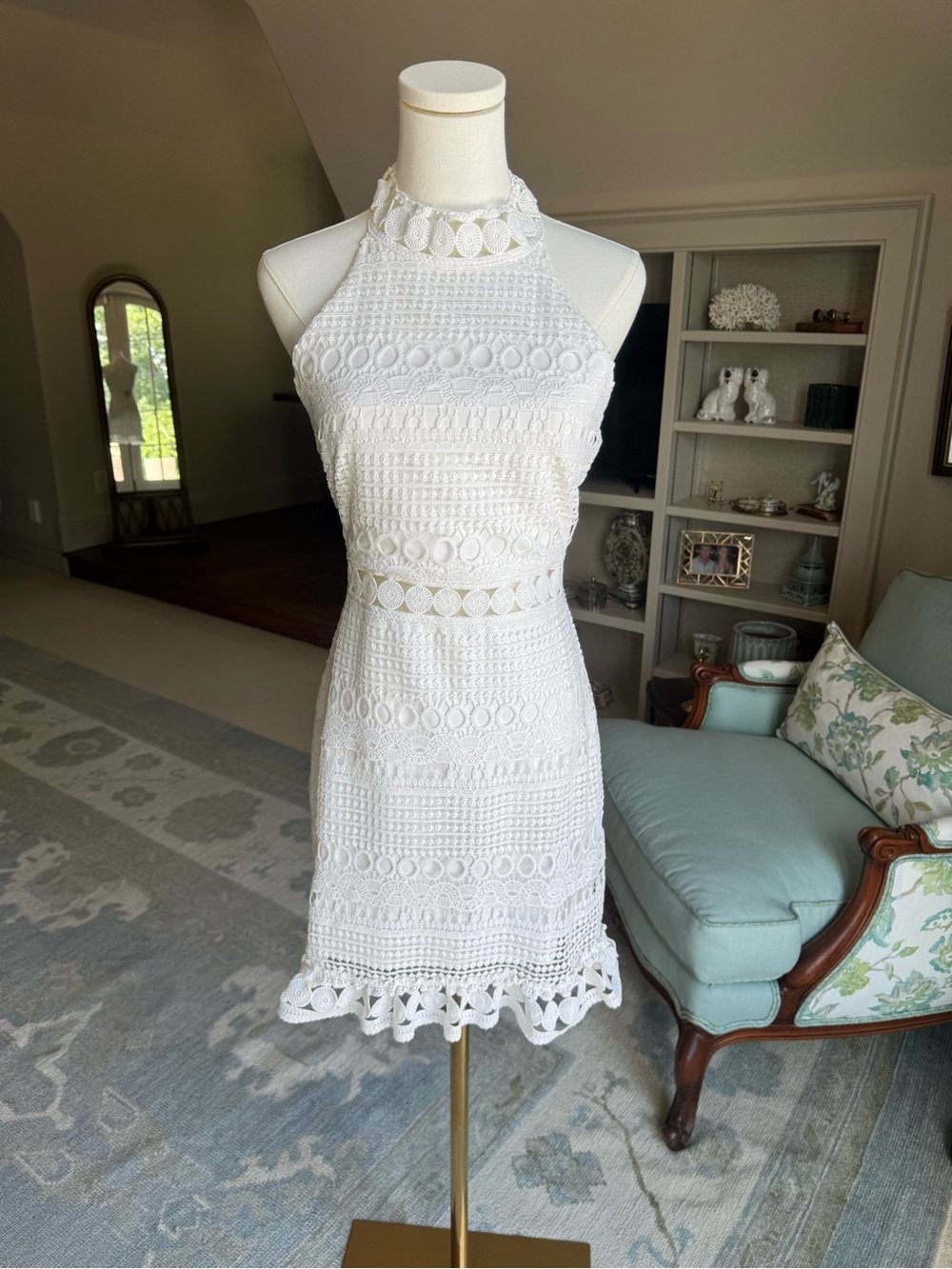 White Crochet Halter Mini Dress